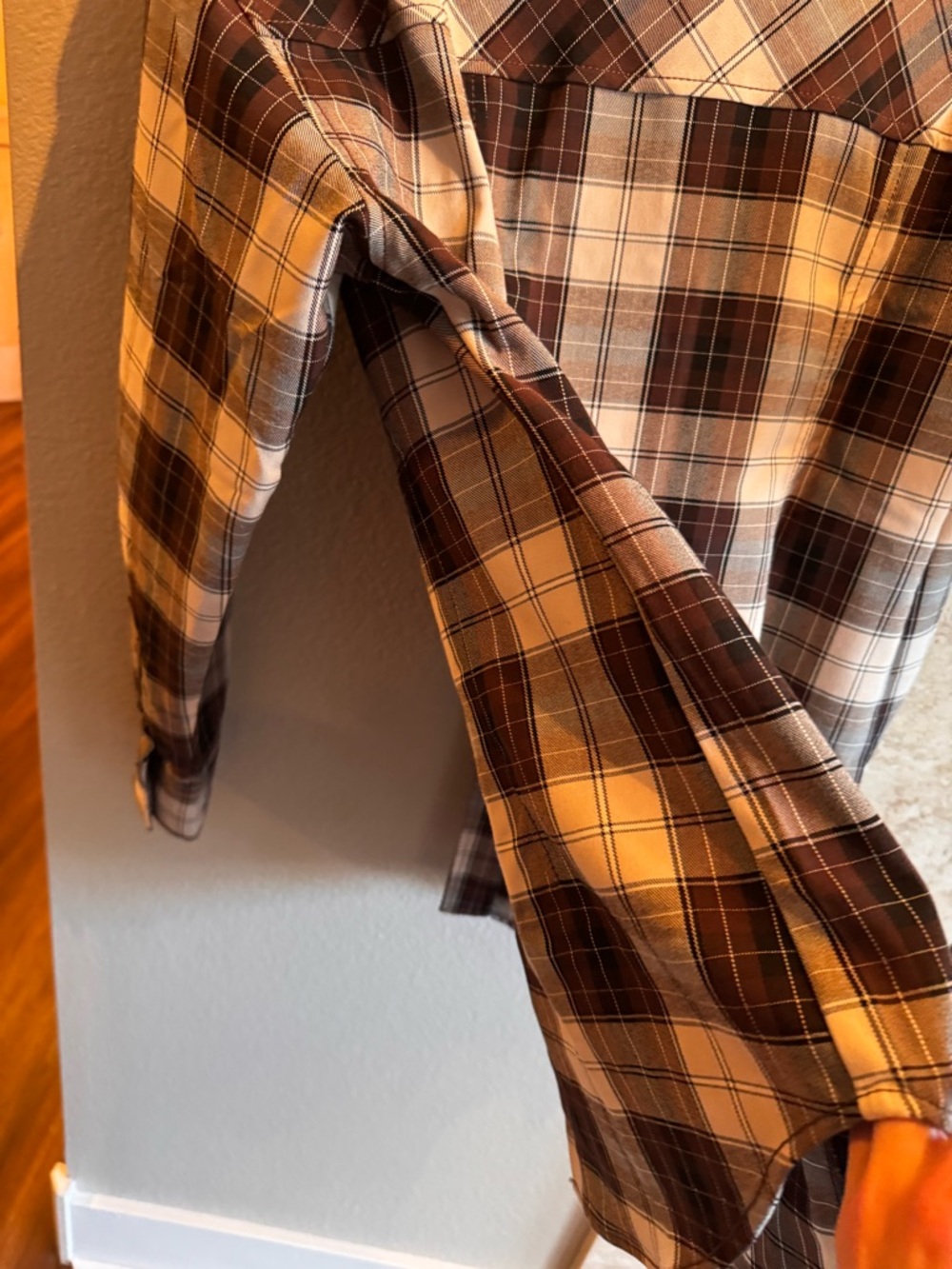 Plaid Brown & Cream Button-Down Shirt — Women's tapered Collared Top - Picture 6 of 12
